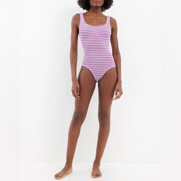 NWT Hunza G Helena Christensen Striped Crinkle Knit Swimsuit Pink One Piece New - Picture 6 of 13